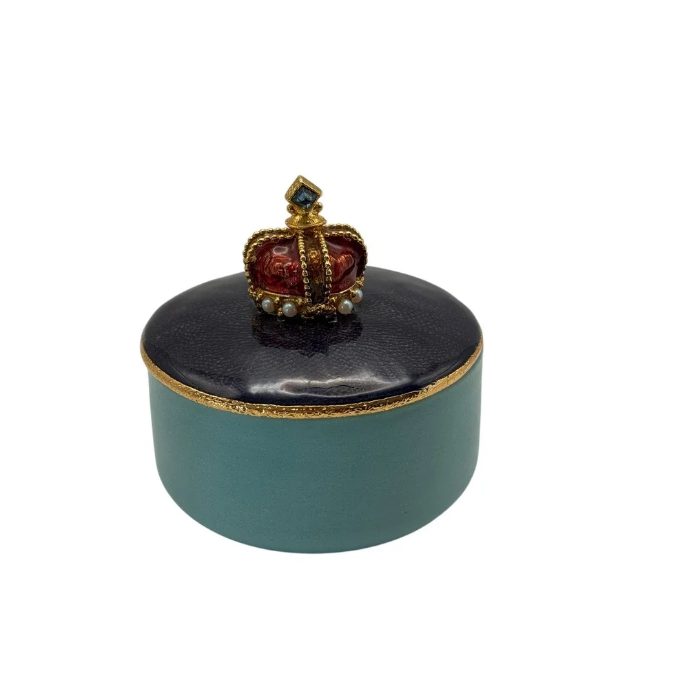 Mike and Ally Crown‎ Trinket Box Navy Blue Teal Gold Enamel Jewelry Holder
